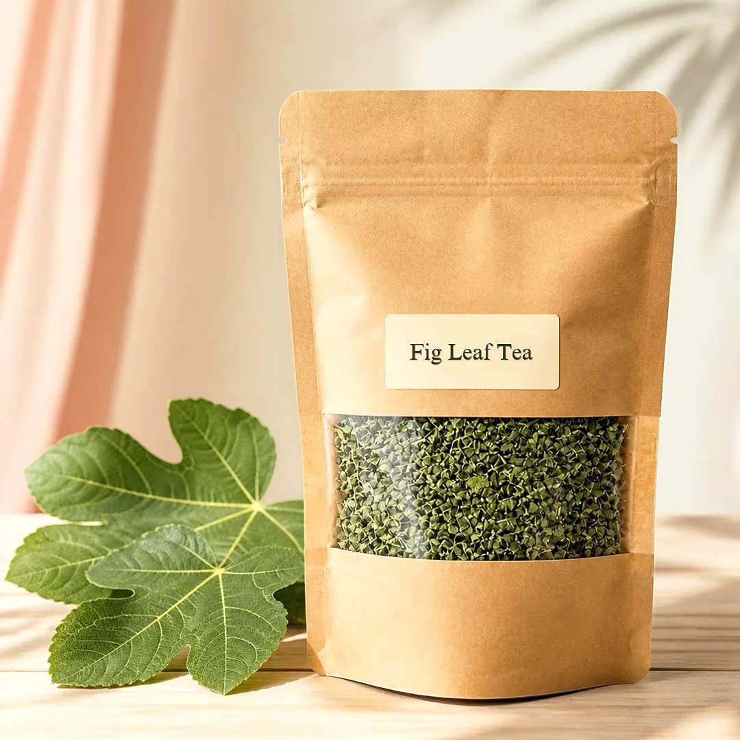 Kraft stand-up pouch of Fig Leaf Tea with a clear window, beside a fresh fig leaf